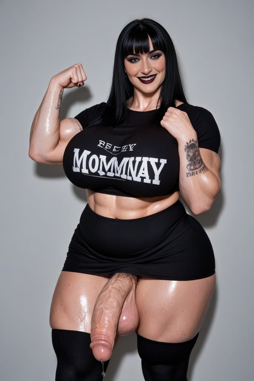 Mischievous (smiling While Blushing), Pale Skin, Incredibly Huge Goth Muscle Mommy Bbw AI Porn