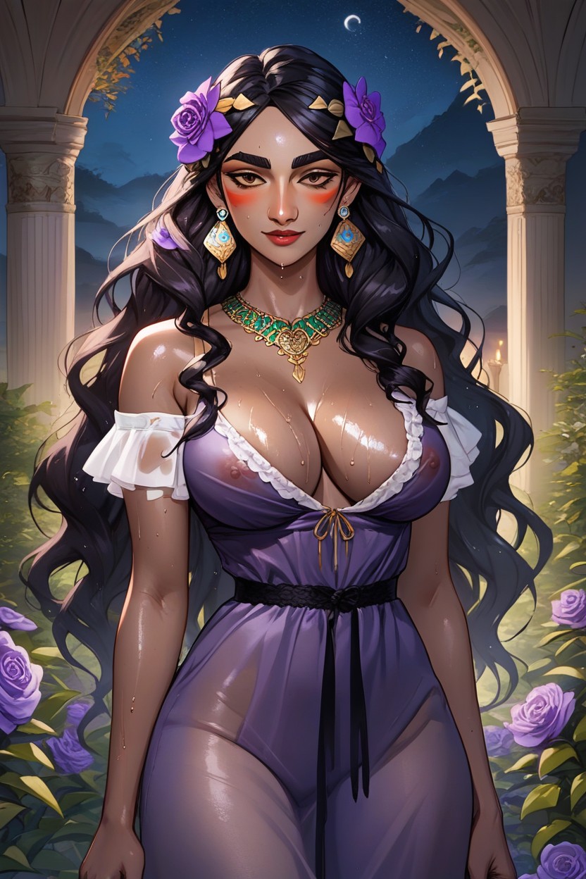 Sweaty, Long Black Hair, Dark Skin Female Hentai AI Porn