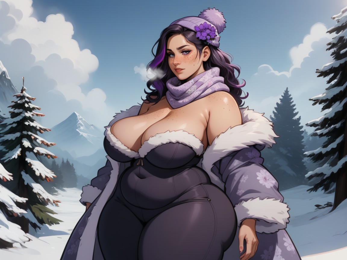 Pecas, Mountain Background, Wearing Purple Floral Print Winter Clothes Porno latina IA