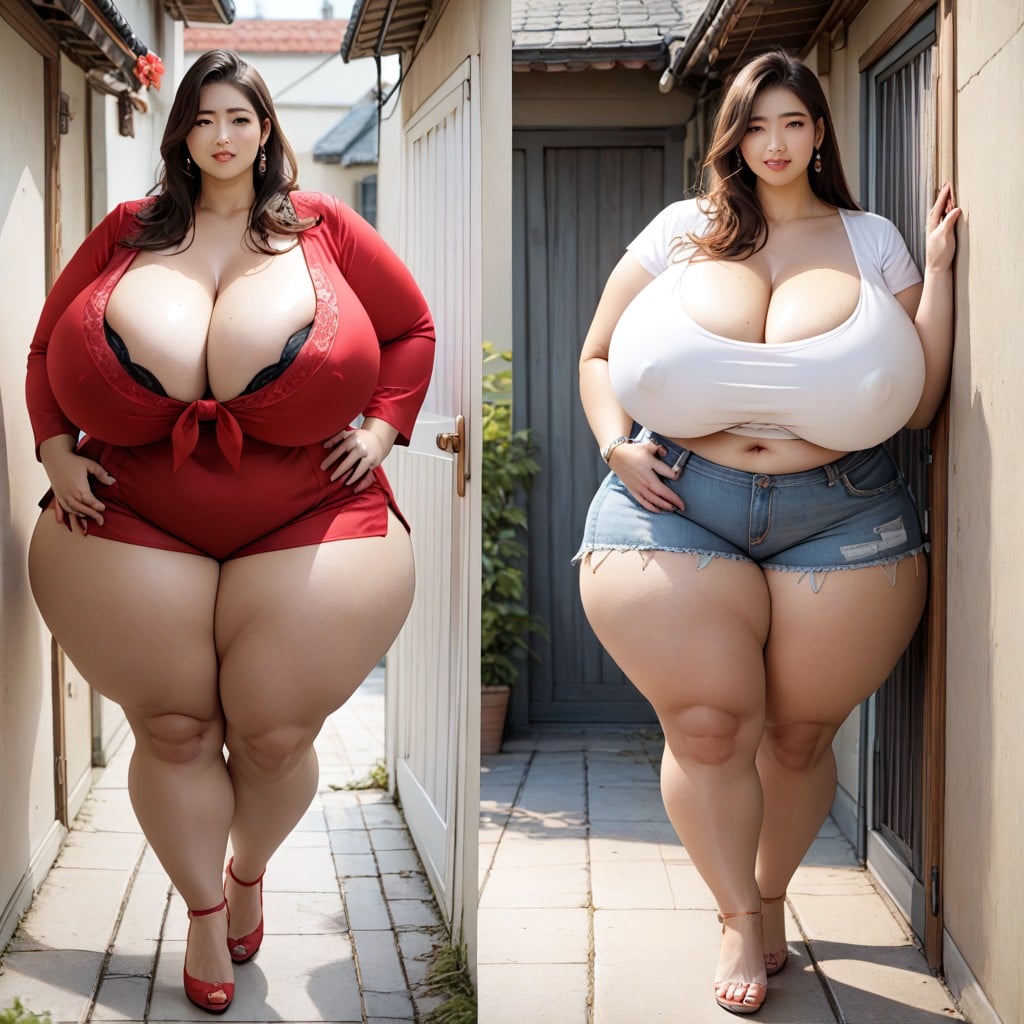 Extremely Large Ass, Then And Now Comparison Side By Side Of Her Much More Hyper Enlarged Pawg Fattened Hourglass Body Figure, Thick Thighs BBW AI Porn