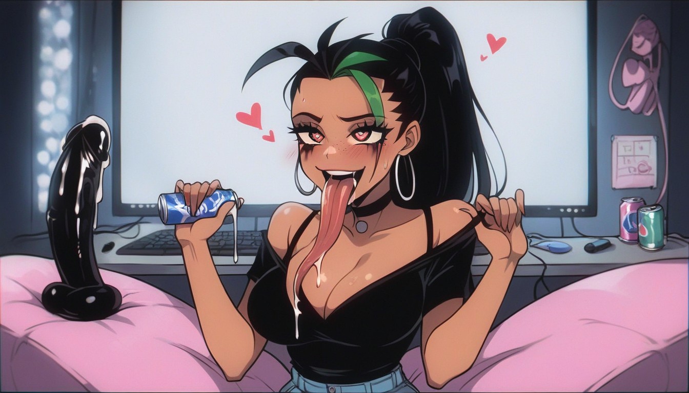 Hair In A Tight High Ponytail, Making A Flirty And Seductive Face, Can See Deep Into Her Gaping Throat Hentai AI Porn