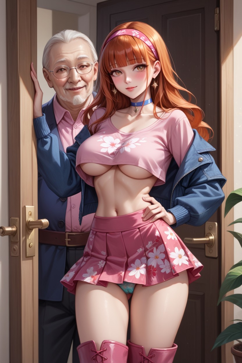 Floral Print Panties, Medium Long Hair, Pink Microskirt Hentai AI Porn