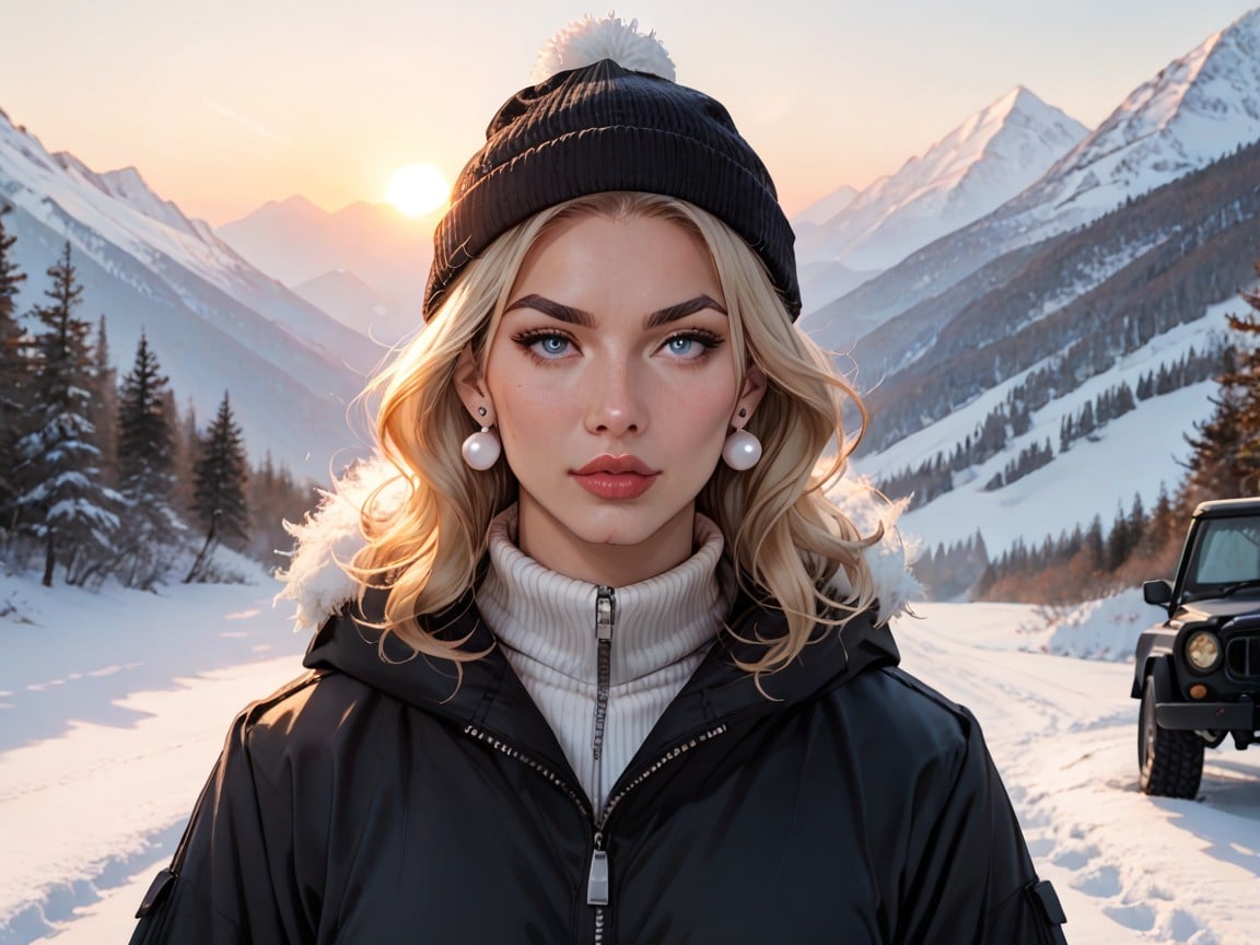 On A Ski Slope, Front View, Normal Natural Breast AI Porn