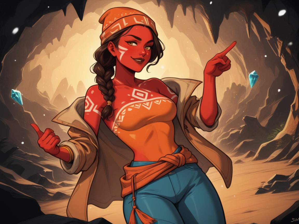 Crystals In Background, Blue Jeans, Copper Red Skin Hentai AI Porn