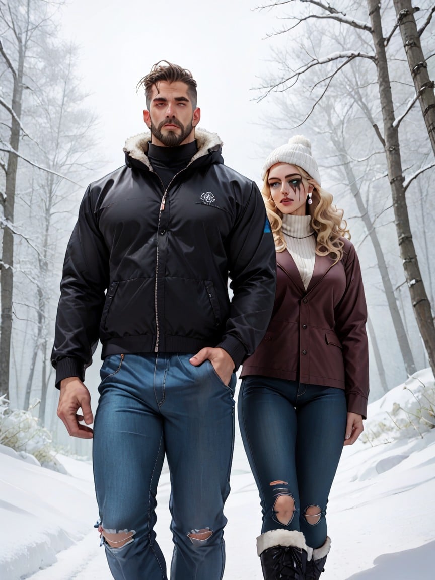 Break, Man Grabbing Womans Hair, In A Dark Snowy Forrest AI Porn