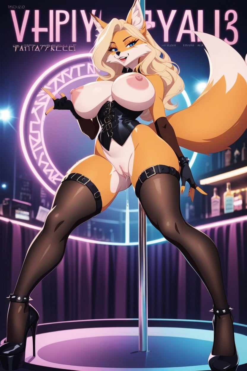 Purple Cyan Colors, Fit Body, Tight Black Leather Corset With Metal Pins Furry AI Porn