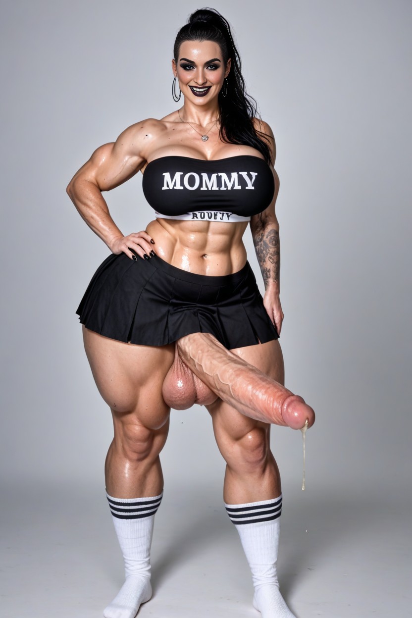 Unrealistically Thick Muscular Hyper Cock Futanari, Pale Skin, Flexing Her Muscles AI Porn