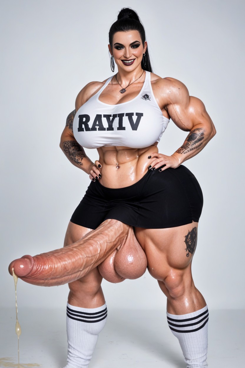 Unrealistically Thick Muscular Hyper Cock Futanari, Ultra Wide Hips, Mischievous (smiling While Blushing) AI Porn