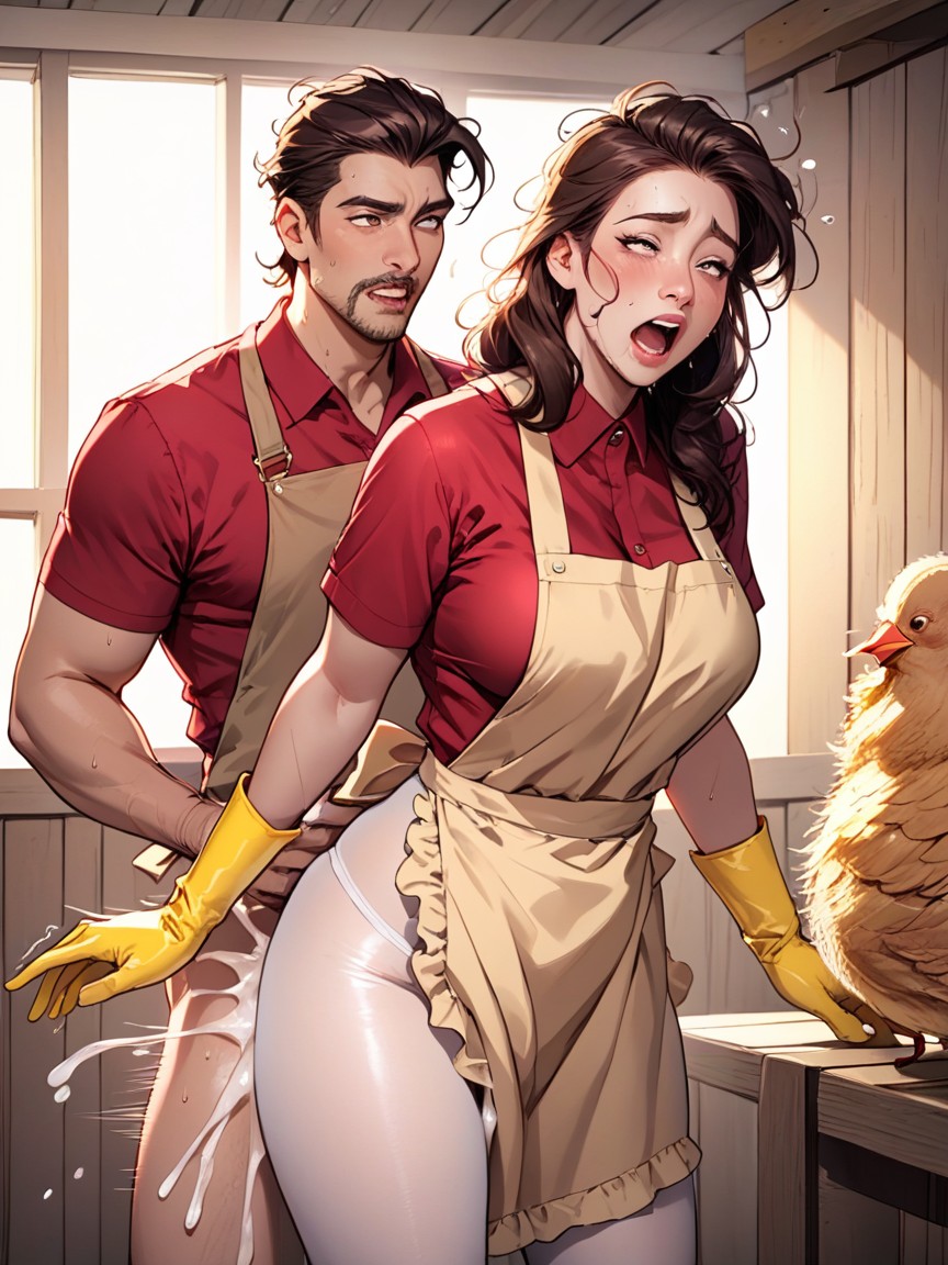Yellow Beige Medium Length Cleaning Gloves, Long Beige Latex Apron, Wet Clothes AI Porn