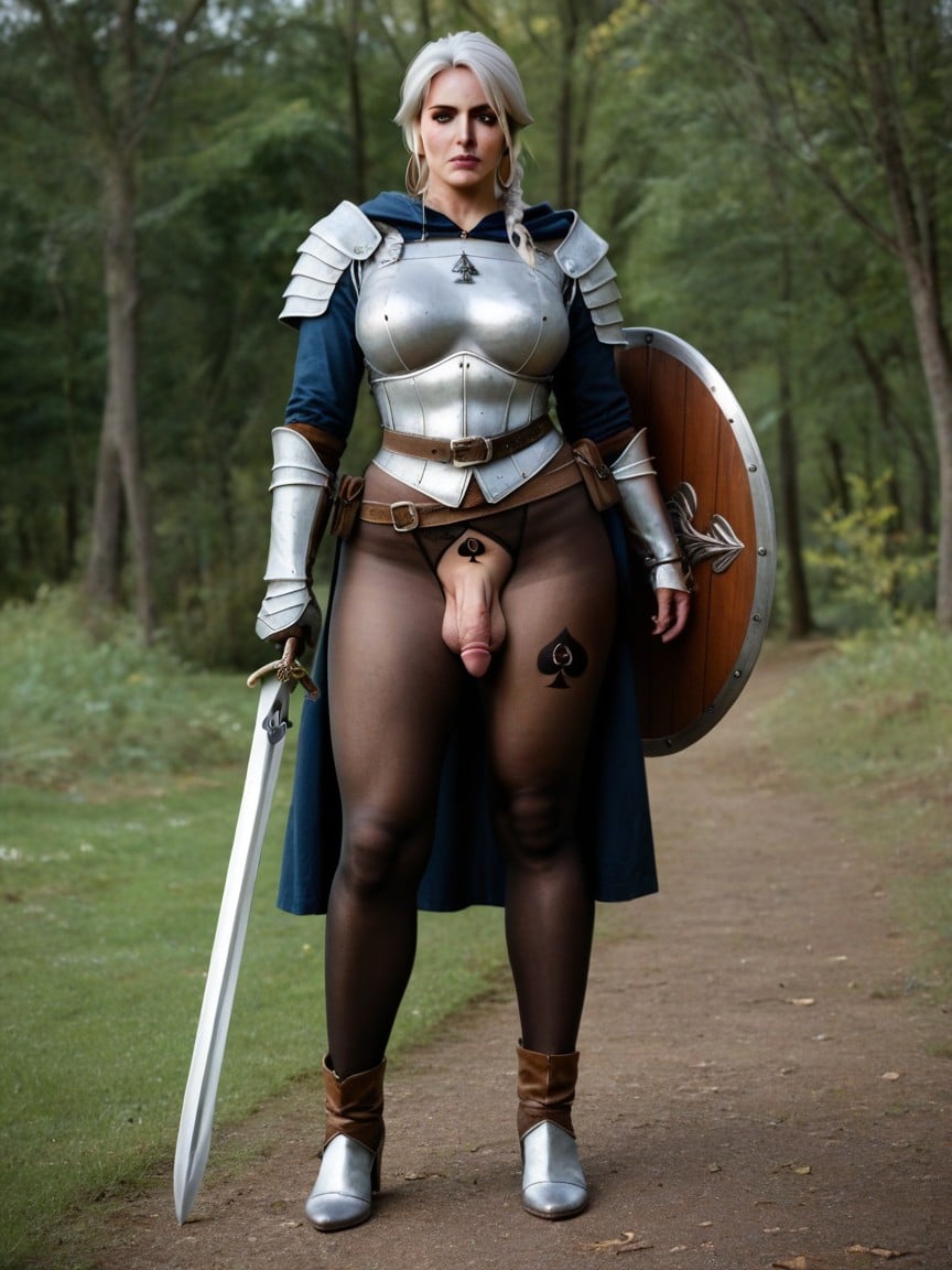 Armor Legs, Gorgeous Face, Profuse Pubic Hair Shemale AI Porn