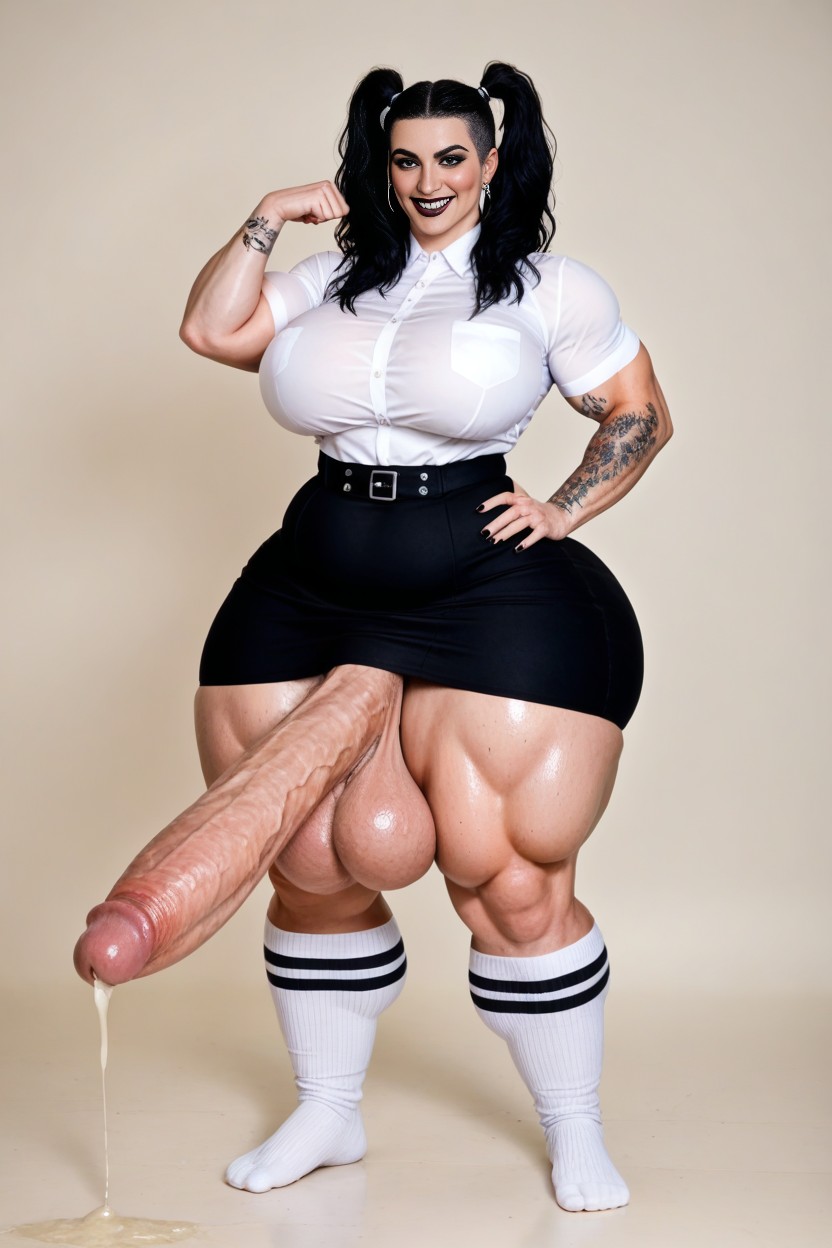 Unrealistically Thick Muscular Hyper Cock Futanari, Covered In Goth Tattoos, Mischievous (smiling While Blushing) AI Porn