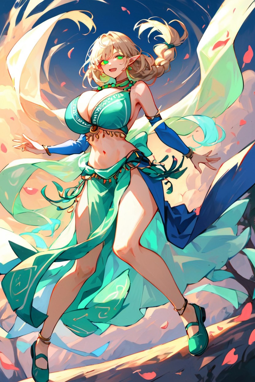 Dark Blue Tribal Wear, Green Eyes, Flower Petals In The Wind Hentai AI Porn