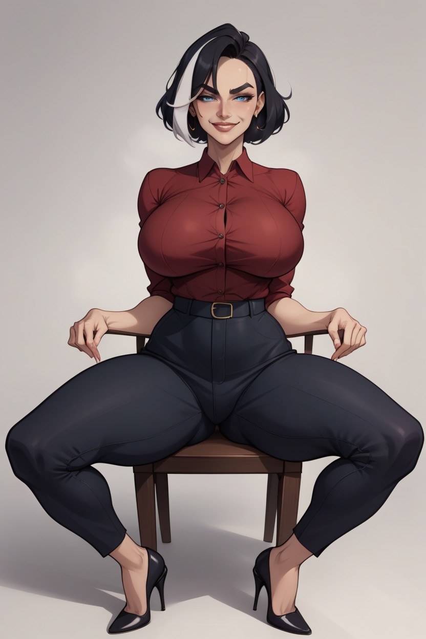 Front View, Sitting Down Legs Spread, Buttoned Blouse Shemale AI Porn
