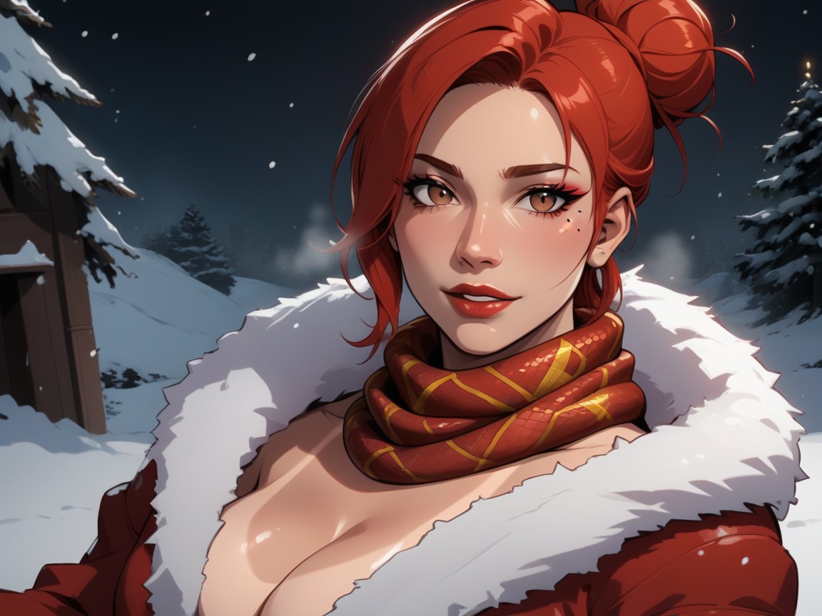 Escote, Wearing Red Snake Print Winter Clothes, Long Breast Width Porno latina IA