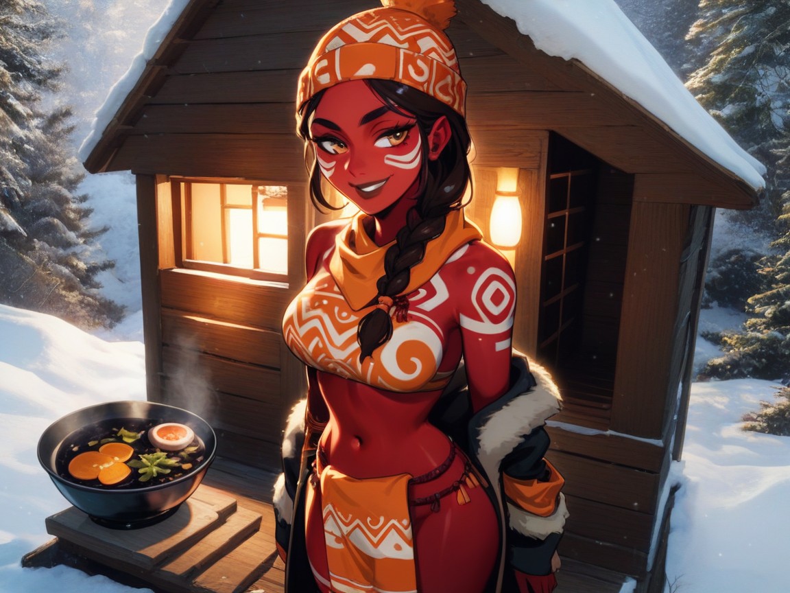Bar Background, Off-shoulder, Wearing Orange Tribal Winter Clothes AI Porn