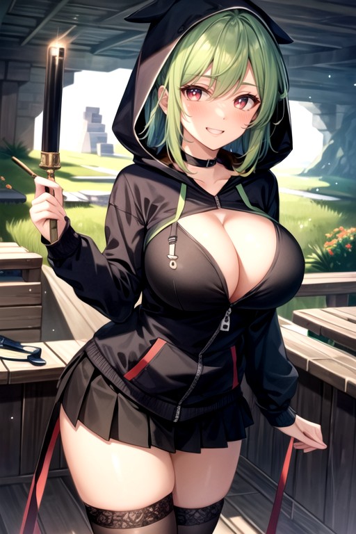 Hood On Head, Green Hoodie, Blush Hentai AI Porn