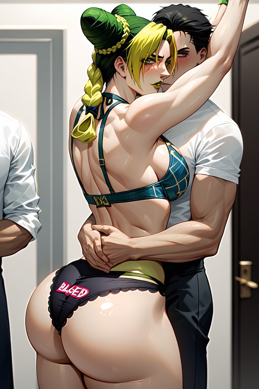 Side View, Large Ass, Jolyne Wearing Only Blacked Underwear AI Porn