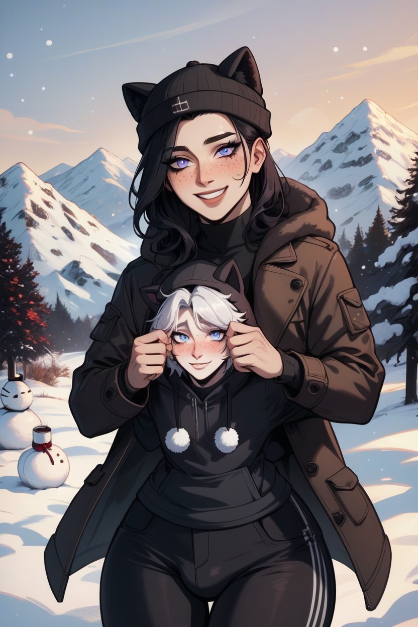 White Hair Light Blue Eyes, Smile, Throws Snowballs Hentai AI Porn