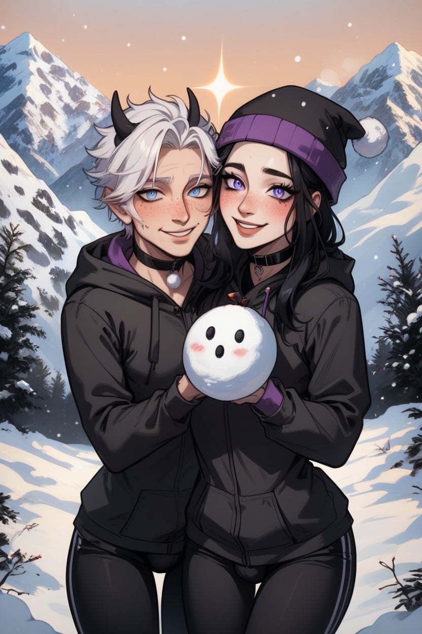 Two, Sitting Down, White Hair Light Blue Eyes Hentai AI Porn