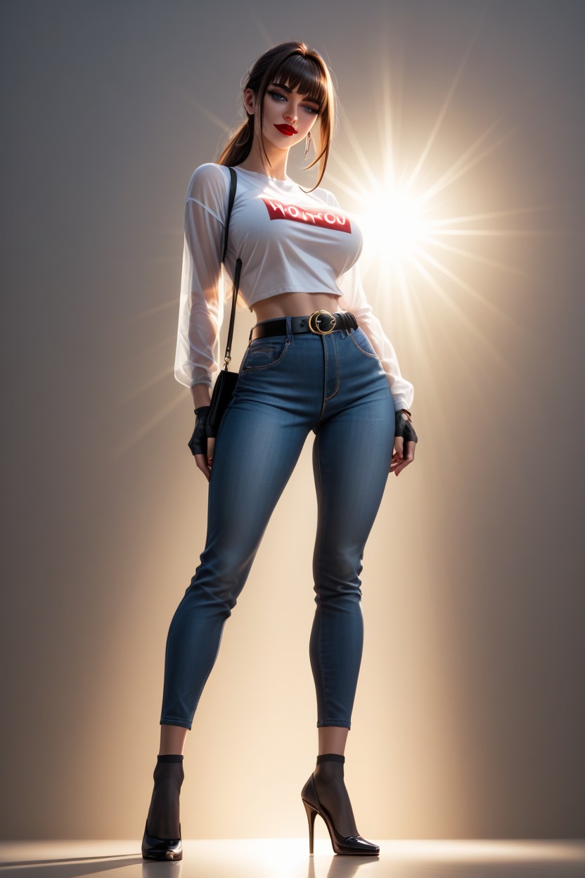 Jeans Below Knees, Standing, Bobcut Shemale AI Porn
