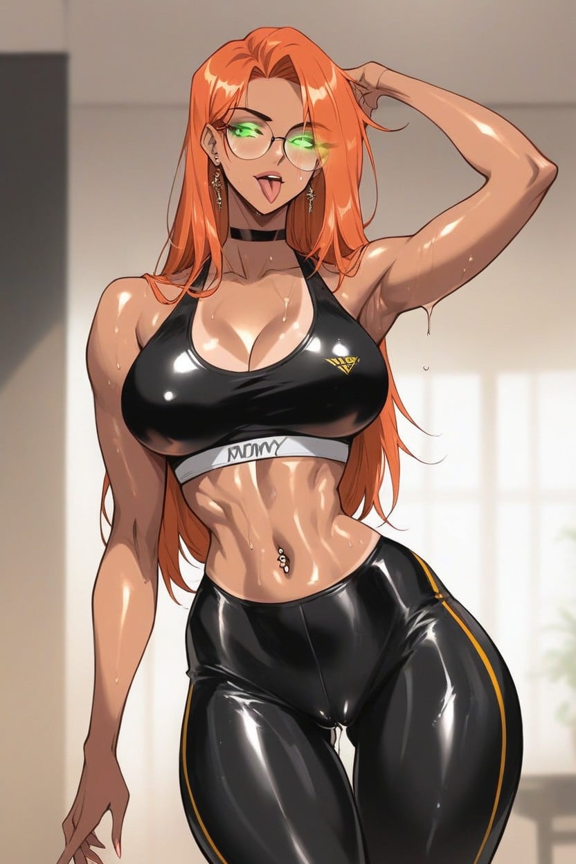 Tongue Out Tanned Skin, Oiled Skin, Ribcage Extemely Visible Hentai AI Porn