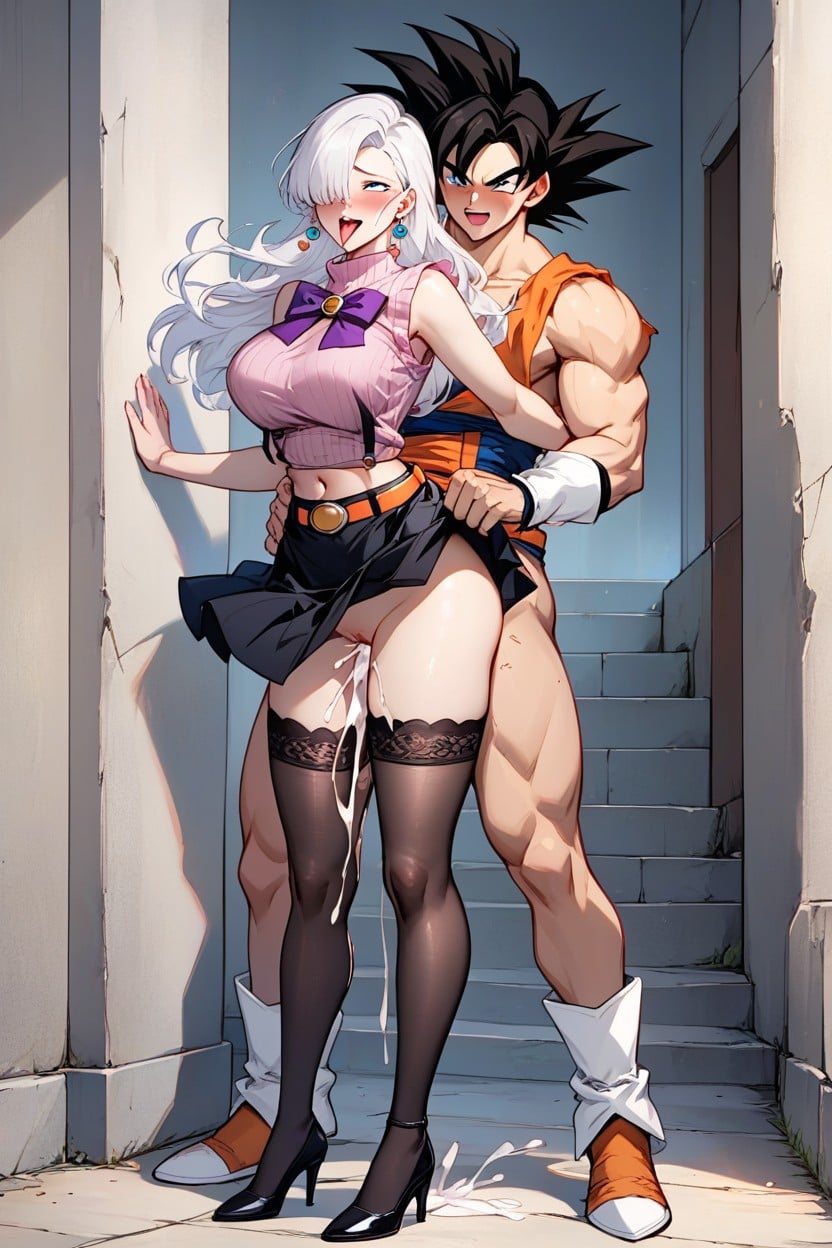 Full Body, Black And White High Heels, White Hair Hentai AI Porn
