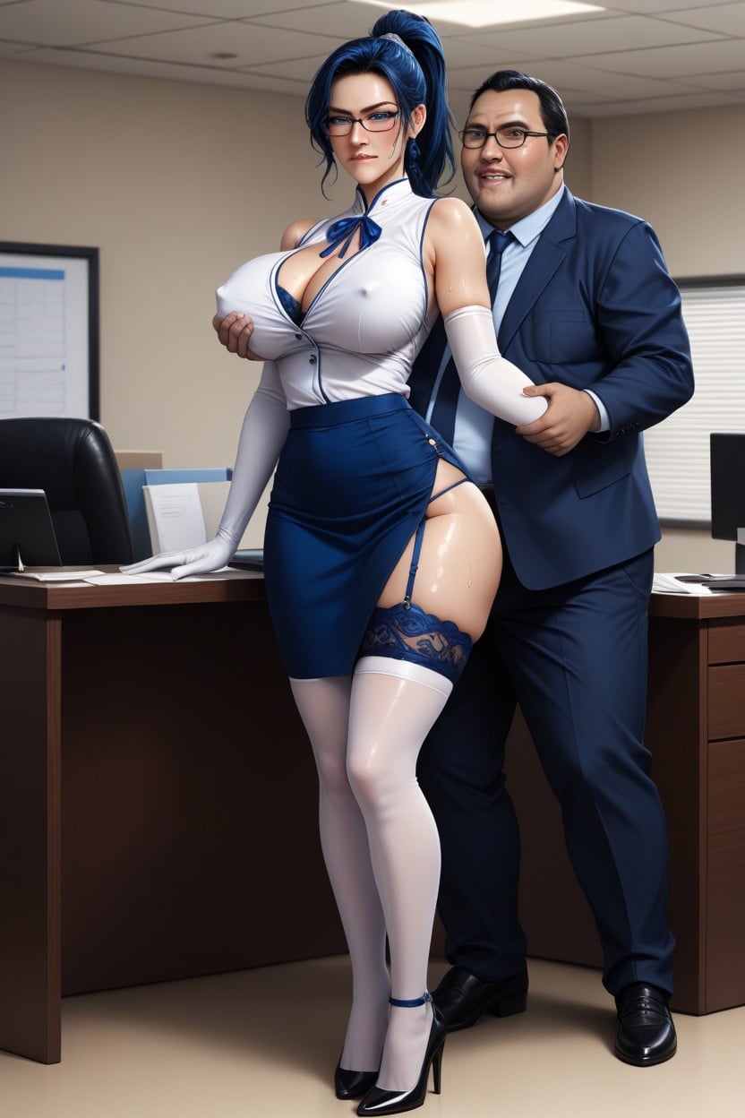 White Sleeveless Shirt, Sweaty, Navy Blue Bracers AI Porn