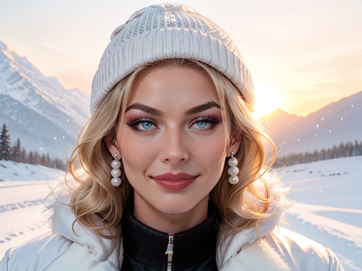 Break, In The Snow On A Mountain Side, White Wool Beanie With Bobble AI Porn