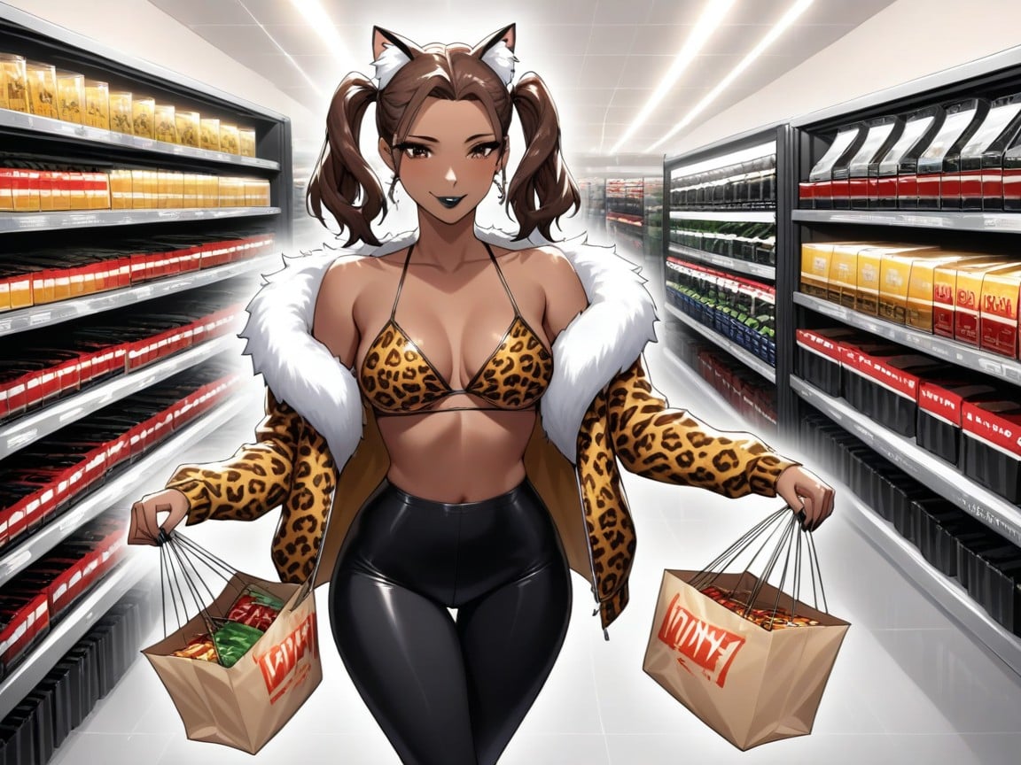 Leopard Print Jacket With Fur Trim, Cute, Gapped Thighs Hentai AI Porn
