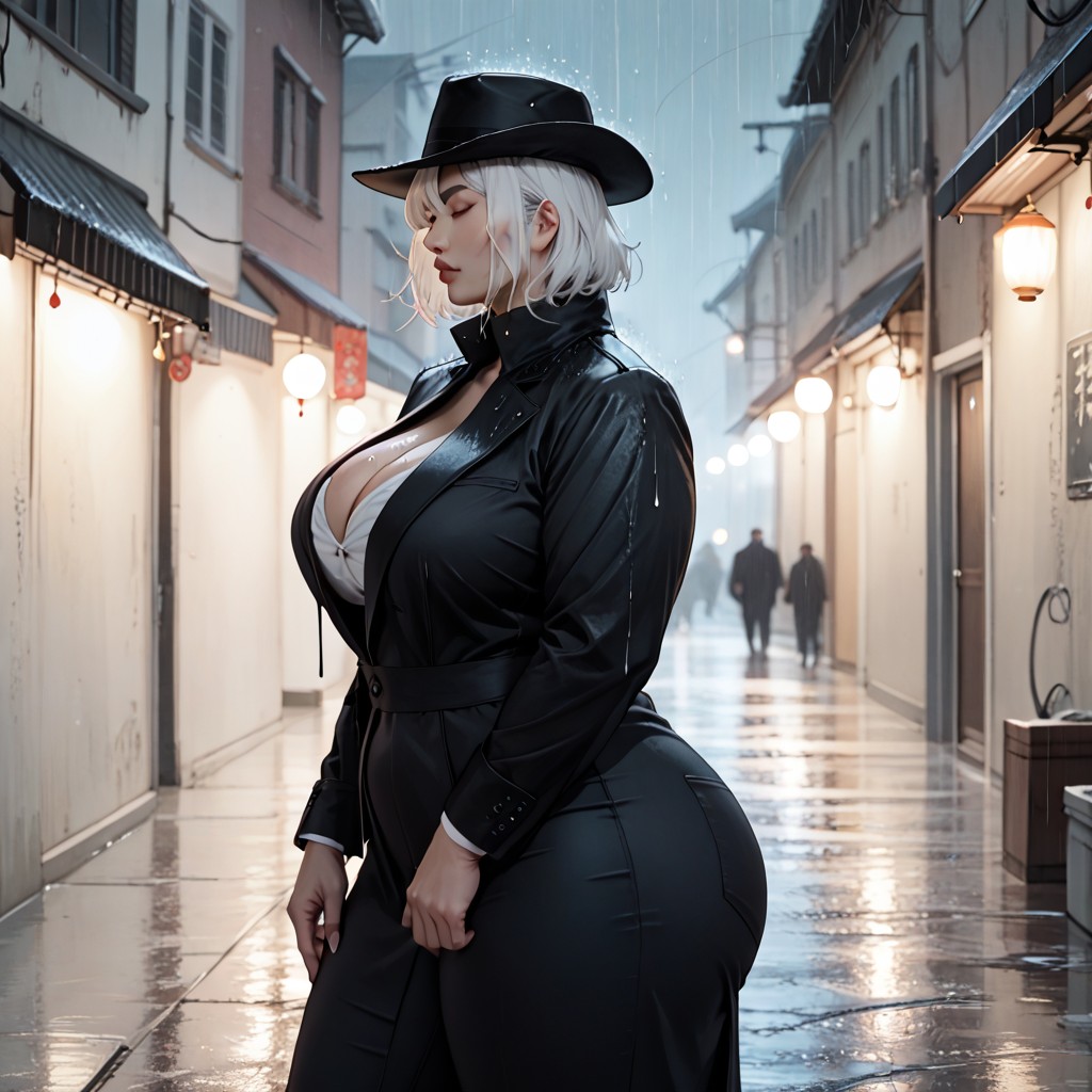White Hair, Cleavage, Asian BBW AI Porn