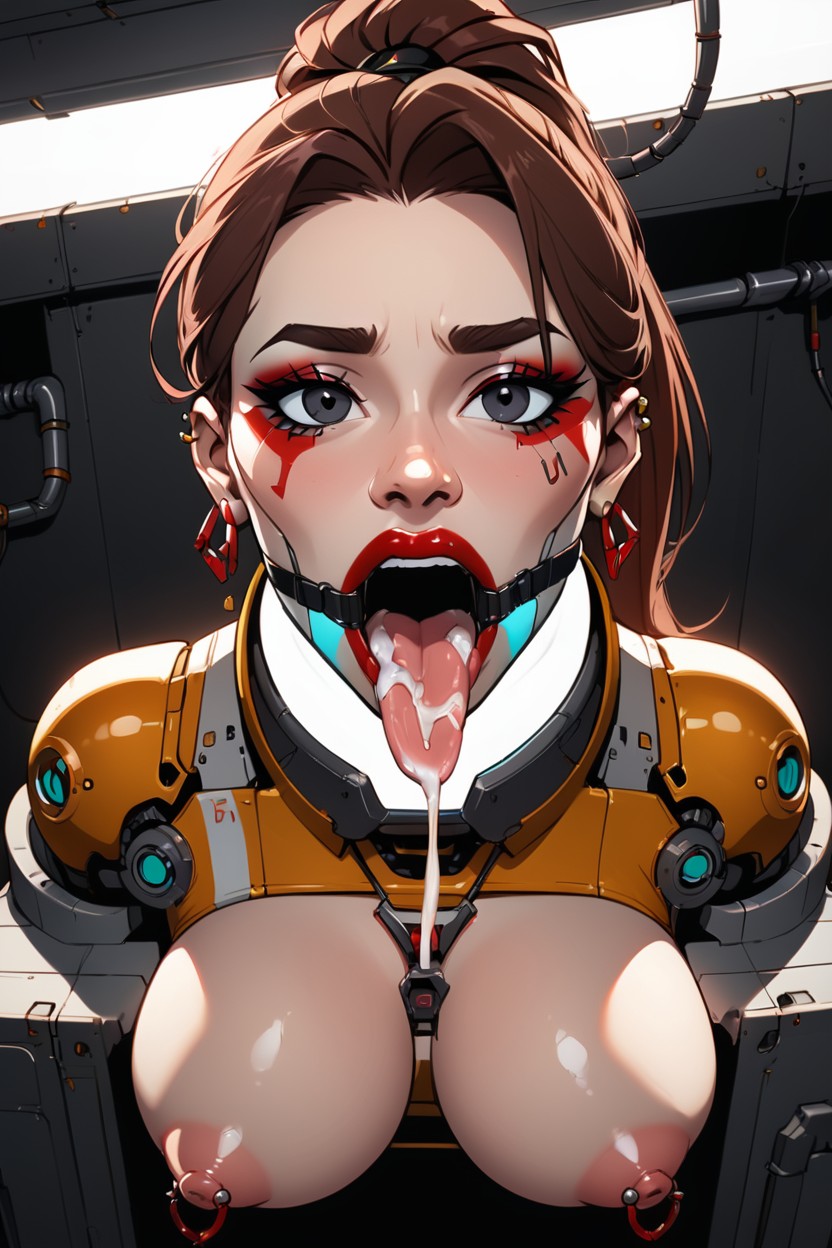 Erect Nipples, Futuristic Massive Collar With Adjustment Button, Extremely Cum Dripping From Mouth AI Porn