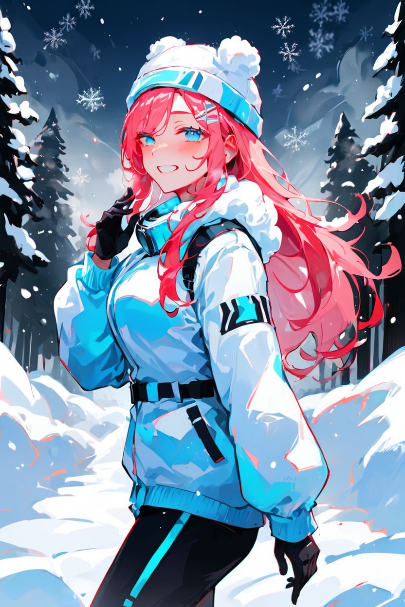 Long Pink Hair, Blue Eyes, Hunched Over Struggling Against Hentai AI Porn