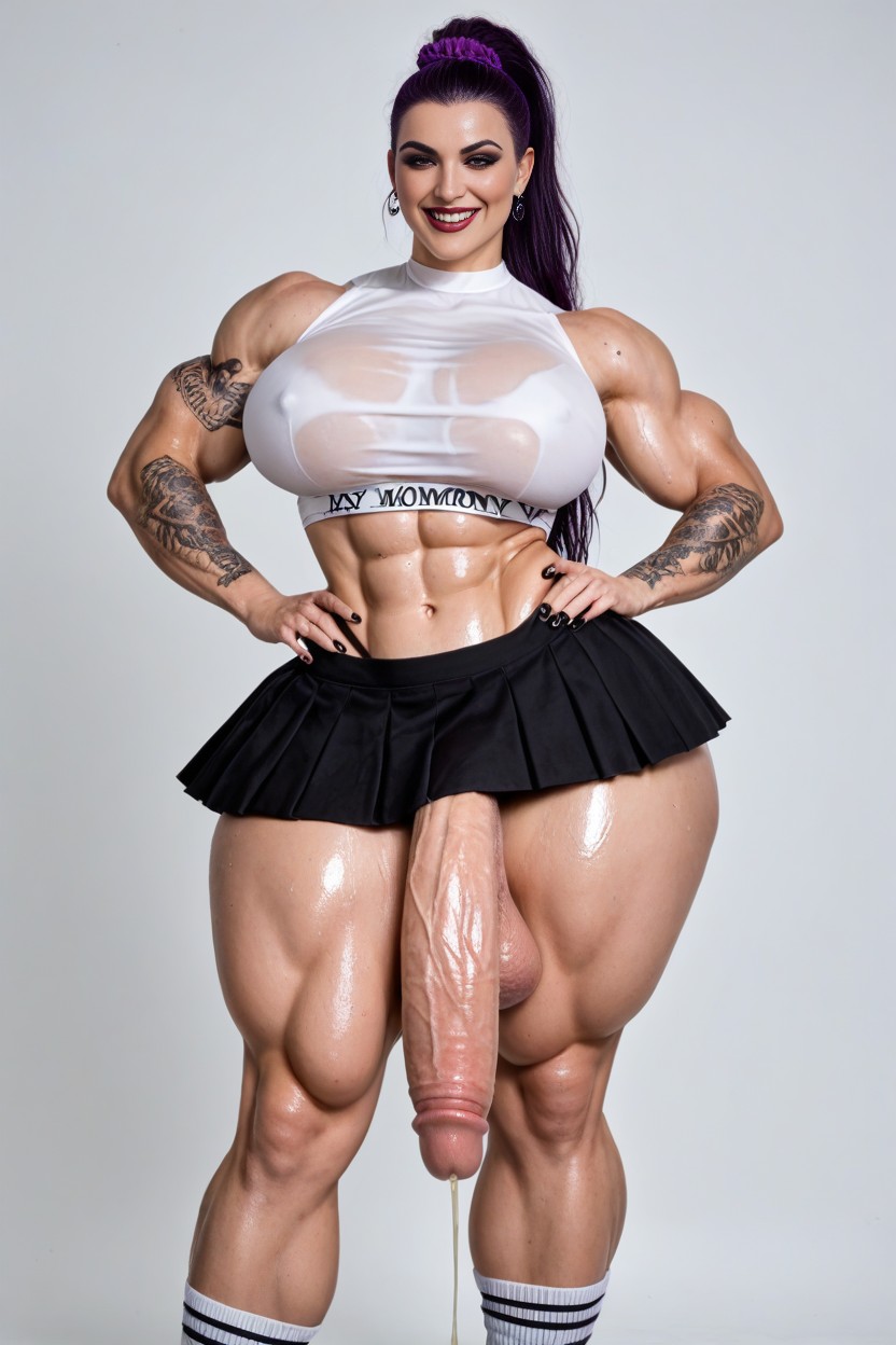 Pale Skin, Covered In Large Tattoos, Unrealistically Thick Muscular Hyper Cock Futanari AI Porn