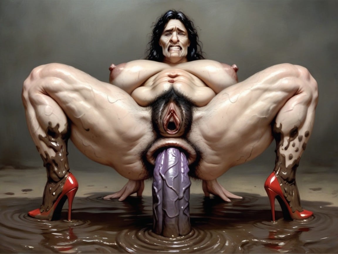 Weep, Hairy Gaping Swollen Soiled Pussy, Natural Saggy Long Veiny Boobs AI Porn