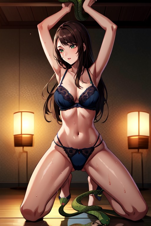 Sweaty, Arms Up, Burgundy Lipstick AI Porn