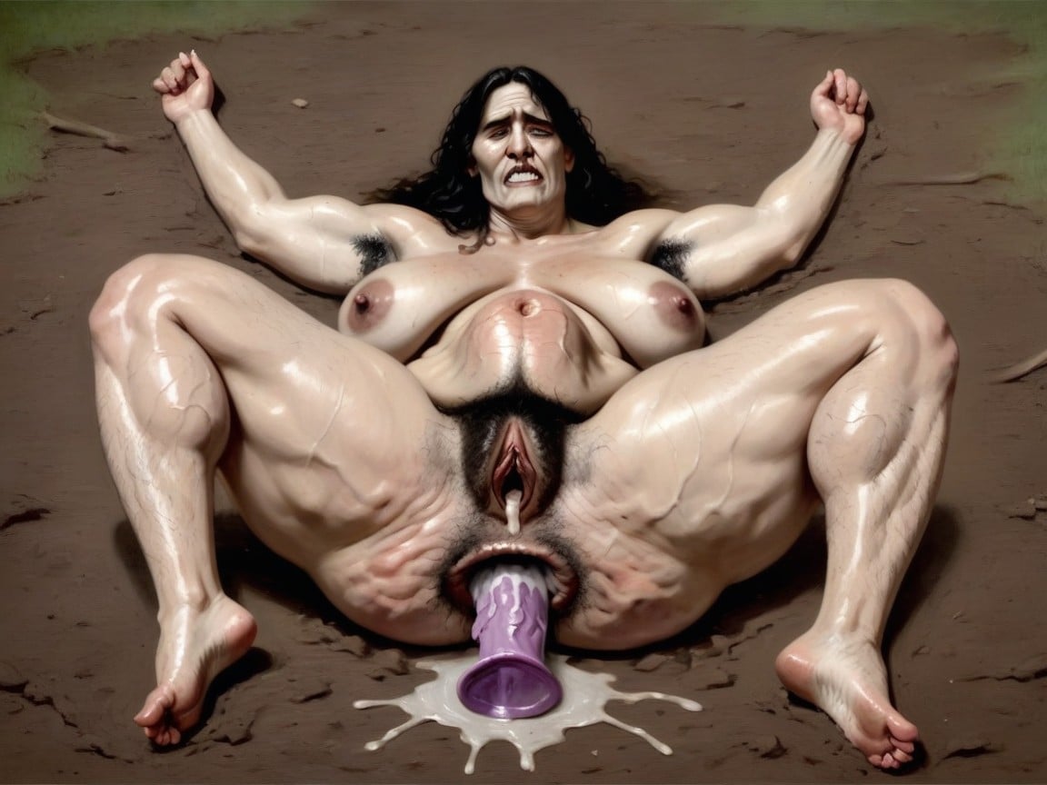 Stream Of Mud Exit From Her Asshole, Exessive Amount Of Hair, Gaping Anus Extra Wide AI Porn