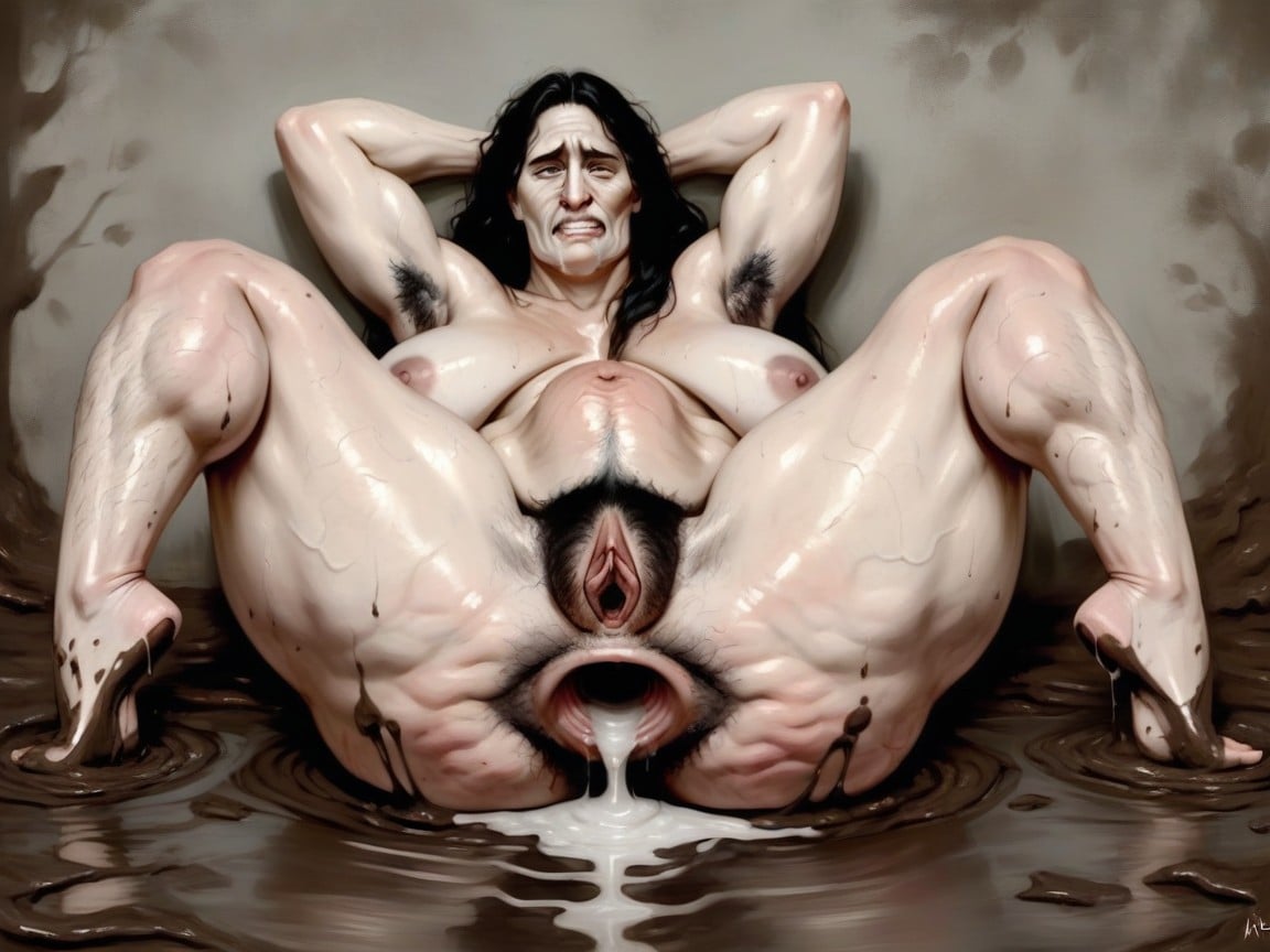 Dark Smelly Hairy Gaping Swollen Soiled Anus, Clenched Teeth, Veiny Belly AI Porn