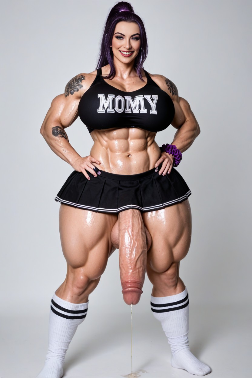 Impossible Massive Muscular Legs, Mischievous (smiling While Blushing), Pubic Hair AI Porn