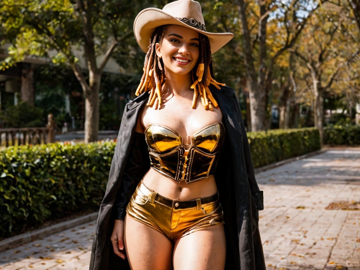 Light Tan Skin, Gold Corset, Leather Trench Coat AI Porn