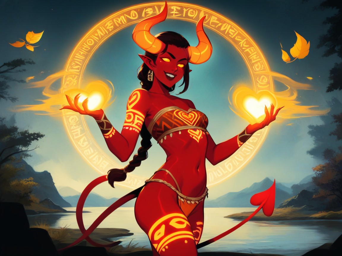 Curved Orange Horns, River, Woman Raising Glowing Hands AI Porn