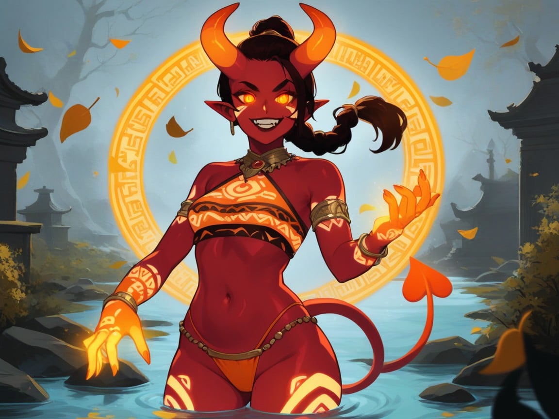 Wide Set Eyes, Ponytail, Curved Orange Horns AI Porn