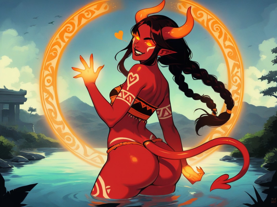 Copper Red Skin, Evil Grin, Temple Background AI Porn