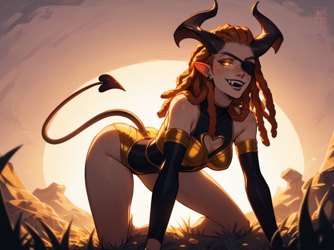 Sunny, Curved Gold Horns, Low Torso Height AI Porn
