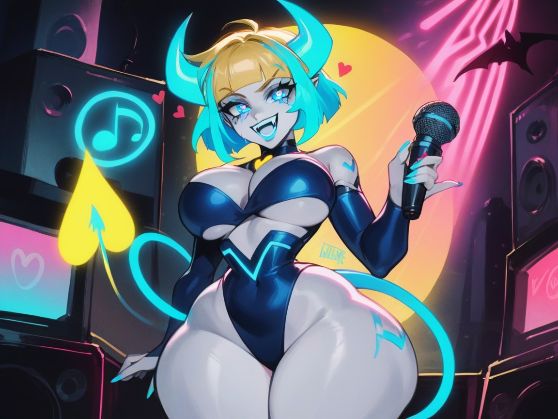 Neon Lighting, Succubus, Speakers In The Background AI Porn