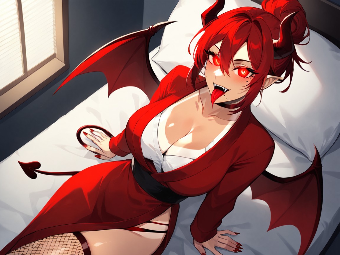 Godrays Through Blinds, Perfect Face, Curved Red Demon Horns Latina AI Porn