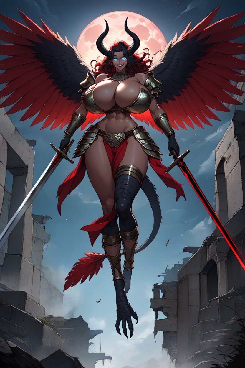 Dark Red Feather Covered Shoulders, Dark Brown Skin, Red Hair Hentai AI Porn