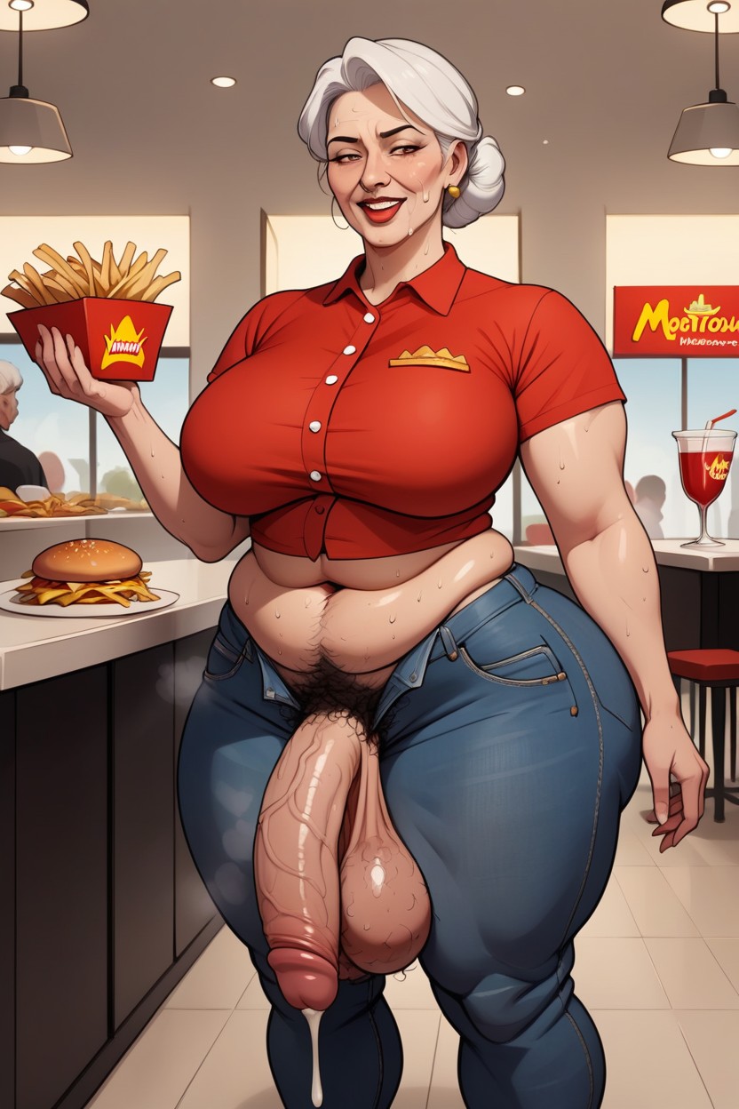 Thick Thighs, Flaccid Cock, White Hair Shemale AI Porn