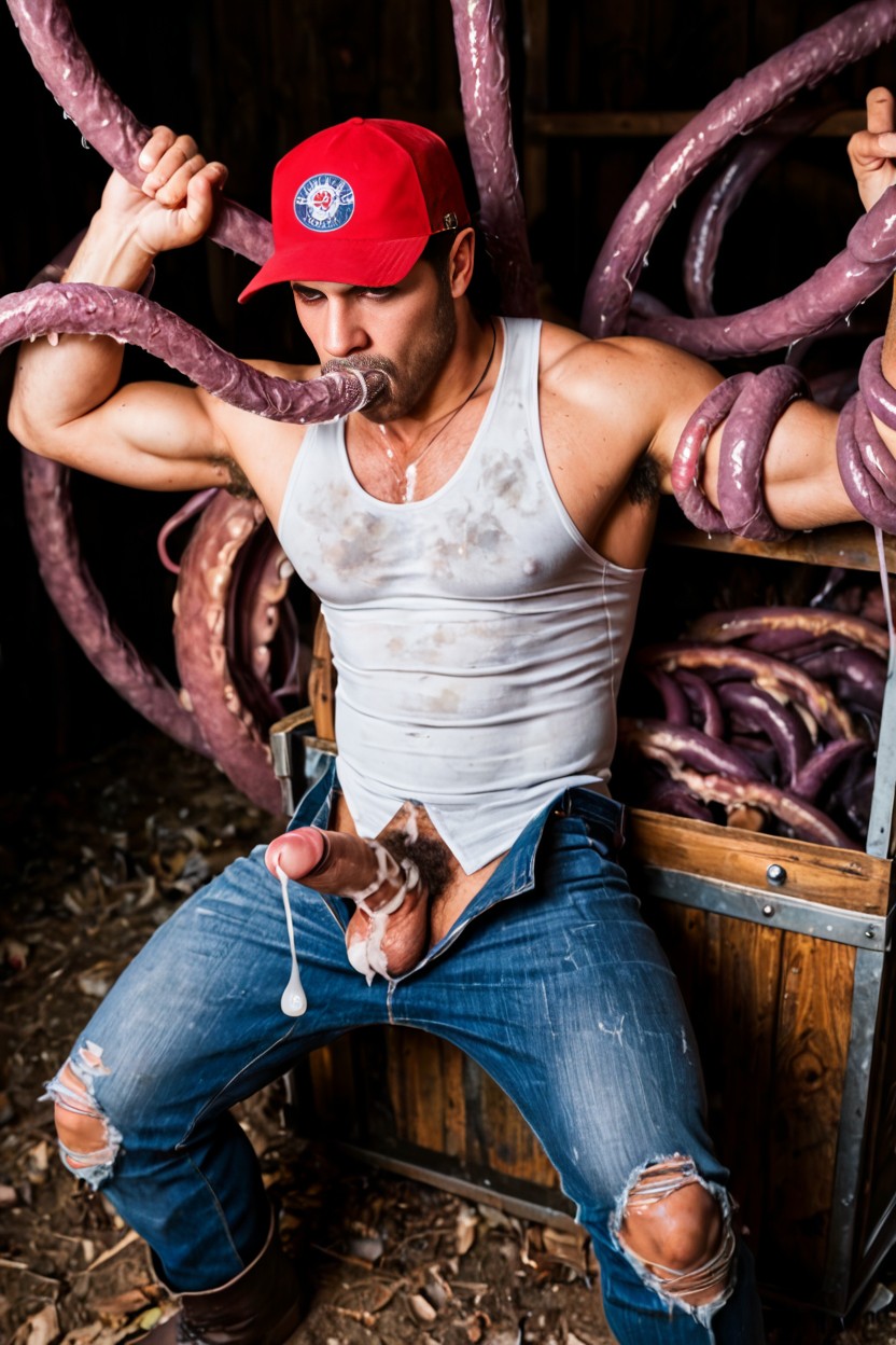 Struggling To Pull Out Tentacle Arm From His Mouth, Tentacle Arm Way Down His Throat, On A Old Truck AI Porn