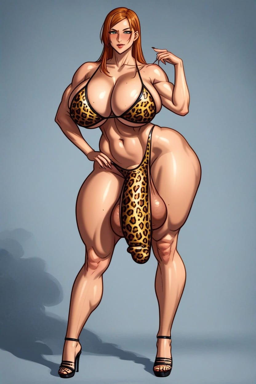 Long Legs, Full Cover Entire Penis Bulge, Leopard Print Bra Shemale AI Porn