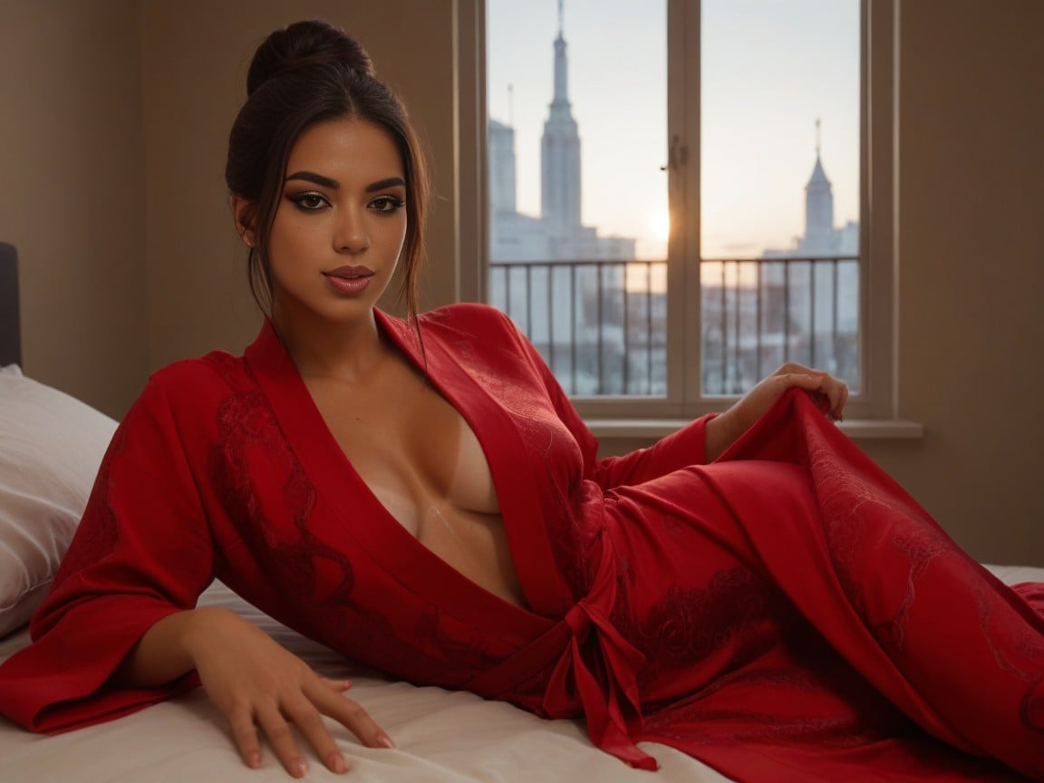 Silk Red Robe With Lace Trim, Bedroom Background, Modern Setting Porno latina IA